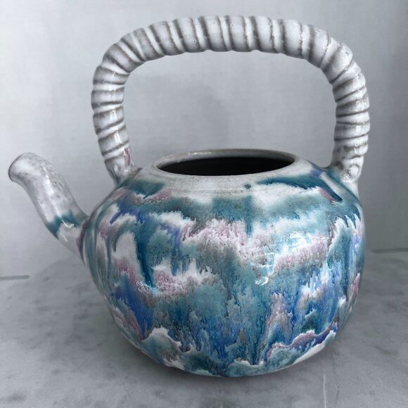 Artisan Made Small House Pottery Teapot With Lid Blue & Pink Ceramic Sanger TX - Picture 5 of 9